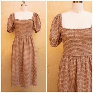 Plaid Puff Sleeve Cotton Smocked Midi Dress Medium